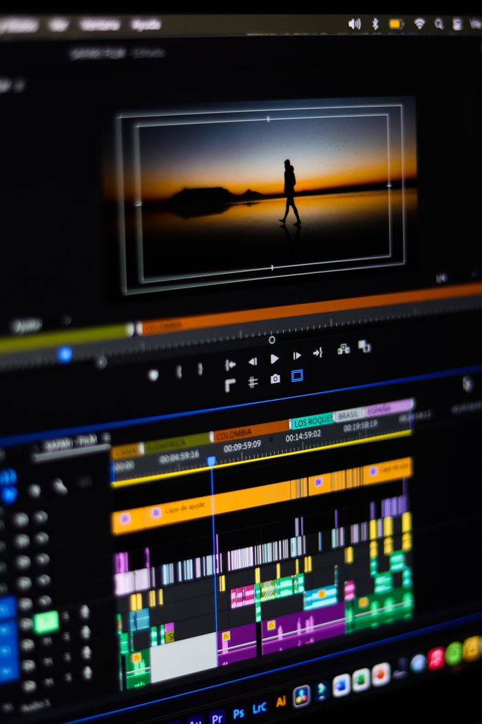 Close-up of video editing software interface on a computer monitor showing timeline and preview.